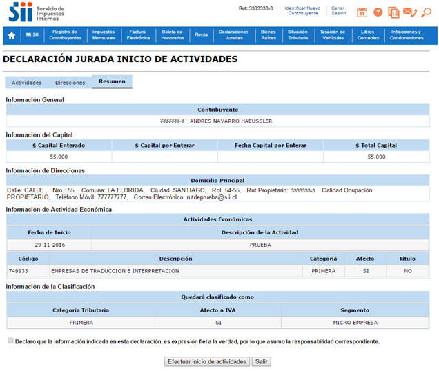 inicio de actividades en sitio sii.cl