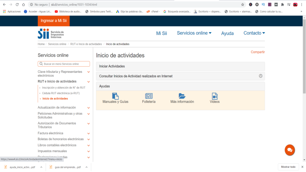 opciones de inicio de actividades